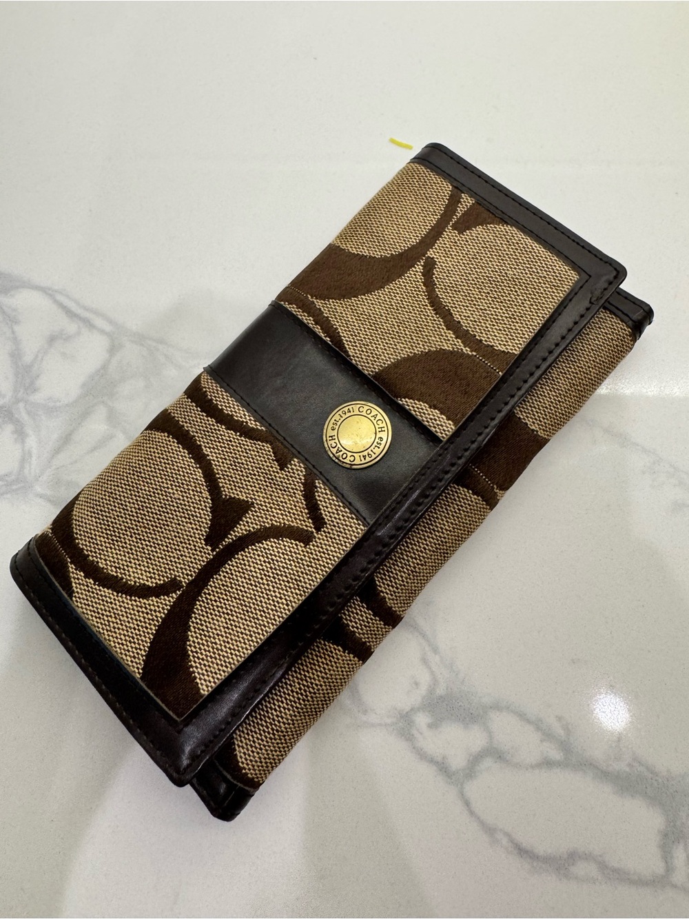 Coach Brown Signature Canvas Wallet with Dark Brown Leather Trim